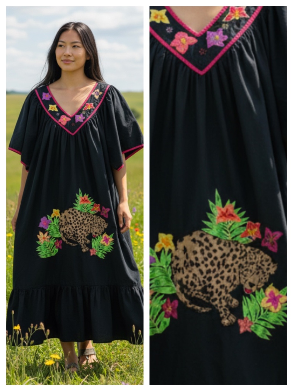 Go Softly Patio House Dress MuMu Kaftan Sz Large Black Leopard Jungle Floral